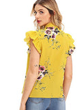 Romwe Women's Floral Casual Short Sleeve Ruffle Trim Bow Tie Blouse Top Shirts Yellow XL