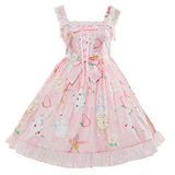 Smiling Angel Sweet Lolita Printed Rabbit Dress Sleeveless Chiffon Lace JSK Princess Dress (Pink, L-XL)