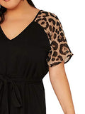 Romwe Women's Plus Size Short Sleeve Leopard Print Belted Casual Tunic Midi Dress Black 2XL