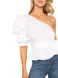 Romwe Women's One Shoulder Short Puff Sleeve Self Belted Solid Blouse White Medium