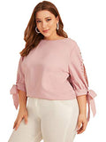 Romwe Women's Plus Size 3/4 Sleeve Pearl Beaded Tie Knot Cuff Solid Blouse Tops Shirt Pink, Pastel 4X Plus