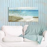 Beach Sea Canvas Wall Art: Coastal Reed Hand Painting Abstract Blue Ocean Sailboat Nautical Picture Modern Seascape Grass Path Artwork Decor for Living Room Bathroom Bedroom