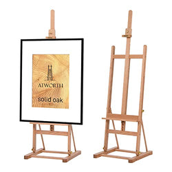 ATWORTH Deluxe Solid American Red Oak Artist Wooden Medium-Duty Studio Easel, Adjustable Tilting H-Frame Floor Painting Easel Stand with Storage Tray, Hold Canvas Art up to 48”