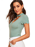 Romwe Women's Scalloped Cut Out V Neck Short Sleeve Sexy Tee Tops Green-1 Medium