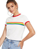 Romwe Women's Slim Fit Short Sleeve Rainbow Striped Colorblock Print Ringer Tee White L