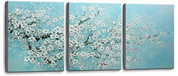 3 Piece Blue Canvas Bedroom Wall Decor White Flowers Picture Hand-Painted Oil Painting Framed Wall Art for Living Room Bathroom Modern Plant Decorations Artwork Size 16x24x3 Panel Ready to Hang
