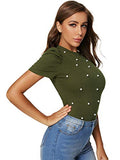 Romwe Women's Elegant Pearl Embellished Puff Short Sleeve Embroidered Blouse Tops (Large, Army Green)