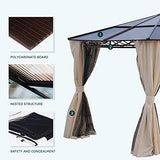 Grand patio 10x12 FT Outdoor Hardtop Gazebo Single Roof Pergolas Metal Aluminum Frame Polycarbonate Top Canopy 99% UV Rays Block with Netting and Curtains for Garden, Lawn, Backyard and Deck, Brown