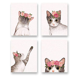 Watercolor Lovely Cat Art Print- Flower Pet Cat Canvas Wall Art-(8”X10”X 4pieces, Unframed)-Modren Animal Themd for Kids Bedroom Pet Shop Decoration