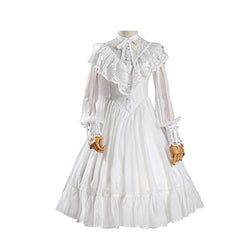 Smiling Angel Women's Princess Embroidery Lace Chiffon Long Sleeve Retro Hollow Spring Autumn Daily Lolita Dress White
