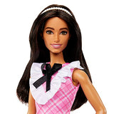 Barbie Fashionistas Doll #209 with Black Hair Wearing a Pink Plaid Dress, Pearlescent Headband and Strappy Heels