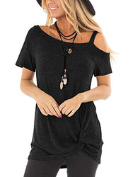 SHIBEVER Women's Summer Fashion Twist Knotted Short Sleeve Round Neck Tunic T Shirt Casual One Shoulder with Spaghetti Straps Blouse Black Medium