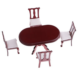 simhoa Dollhouse Dining Room Furniture Red Round Table with 4 Chairs Kit 1/12 Scale