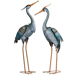 TERESA'S COLLECTIONS 42.8inch Blue Heron Garden Sculptures & Statues, Metal Crane Garden Decor for Outside, Large Bird Yard Art Lawn Ornaments for Outdoor Pond Patio Decorations, Set of 2