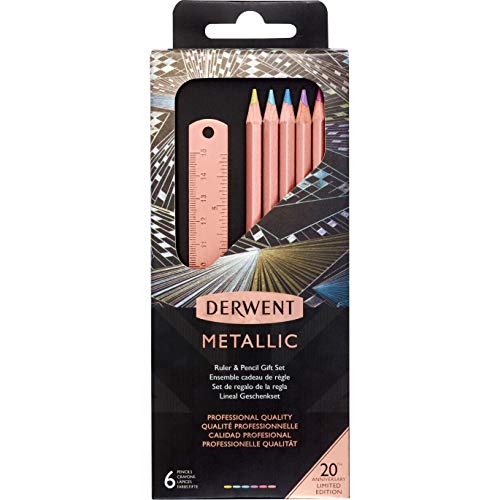 Derwent Metallic Pencil - 15cm Copper Ruler & Set of 6 Metallic Pencils