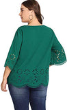 Romwe Women's Plus Size Hollow Out Scallop 3/4 Sleeve Blouse Top Green 3XL