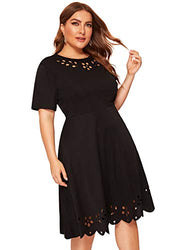 Romwe Women's Plus Size Cut Out A Line Swing Stretchy Midi Dresses (2X-Plus, Black)