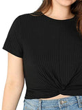 Romwe Women's Front Twist Short Sleeve Plus Size Knit Ribbed Crop Tops Tee Shirt Black 3XL