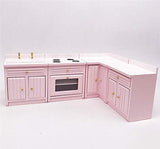 EatingBiting 1:12 Dollhouse Miniature Furniture Kitchen Wooden Pink Combination Cabinet Sink Counters 1/12 Scale Dollhouse Miniature Furniture Deluxe Wooden Kitchen Set