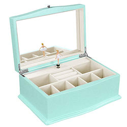 SONGMICS Girls Jewelry Box with Ballerina, Wooden Musical Case with Large Mirror, 10.4"l x 6.9"w x 4.6"h, turquoise