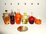 Bottles with juice, rustic style,apple juice,cherry juice, peach juice,Prune Juice ,apricot juice. Dollhouse miniature 1:12