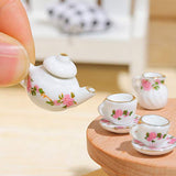 Dollhouse Accessories, 1/6 1/12 Miniature, 11pcs Dining Ware Porcelain Tea Cup Set with Golden Trim Floral Pattern Home Decoration Kitchen Chic Style Kit