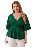 Romwe Women's Plus Size Ruffle Short Sleeve Wrap V Neck Belted Babydoll Tops Blouse Green#1 1X Plus