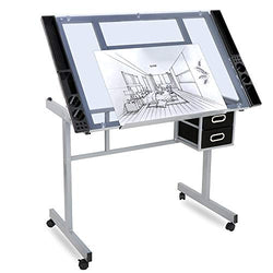 Nova Microdermabrasion Glass Top Drafting Table with Storage, Adjustable Drawing Desk Rolling Art Craft Station Writing Work Table with Drawers & Wheels