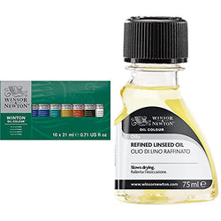 Winsor & Newton Winton Oil Colour Paint Basic Set, Ten 21ml Tubes & Refined Linseed Oil 75ml (3221748)
