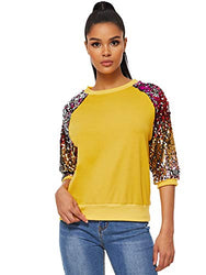 Romwe Women's 3/4 Sequin Flare Sleeve Crew Neck Fashion Pullovers Sweatshirt Yellow Small
