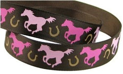 Hip Girl Boutique 5yd 7/8" Pink Horse and Horse Shoes on Brown Grosgrain Ribbon (E038)
