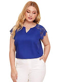 Romwe Women's Plus Size Short Sleeve Crew Neck Lace Hollow Casual Blouse Tops Deep Blue 3X Plus