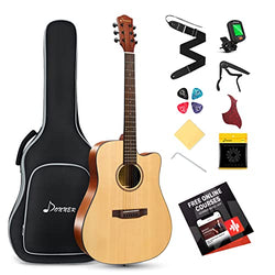 Donner Beginner Adult Acoustic Guitar with Free Online Lesson Full Size Cutaway Acustica Guitarra Bundle Kit with Bag Strap Tuner Capo Pickguard String Picks, Right Hand 41 Inch Natural, DAG-1C