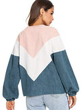 Romwe Women's Loose Colorblock Sweatshirt Lantern Sleeve Round Neck Pullover Tops Blue M