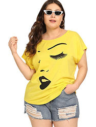 Romwe Women's Plus Size Casual Loose Cute Print Short Sleeve Summer Tee T-Shirt Tops Yellow 3X