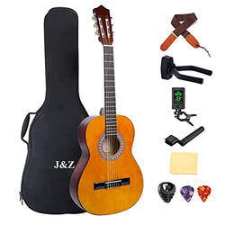 J&Z Classical Acoustic Guitar for Beginners Kid Junior 36 Inch 3/4 Size Guitar Guitarra Acustica Soft Nylon Strings With Bag Strap Clip Tuner Hanger String Winder Picks Holder and Wipe for Ages 5-15