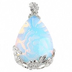 Inlaid Teardrop Gemstone Floral Flower Stone Pendant For Necklace (Opal Opalite)