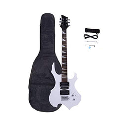 Modern Style Novice Flame Shaped Electric Guitar HSH Pickup Bag Stra Paddle Rocker Cable Wrench Tool, Eletric Guitar Starter Kit, White, Durable Musical Instrument
