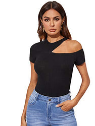 Romwe Women's Sexy Asymmetric Cutout Neck Ribbed Casual T-Shirt Tops Blouse Black#1 X-Large