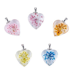 Beadthoven 5pcs Heart Glass Pendants with Dried Flower Heart Charms for Making Bead Necklace
