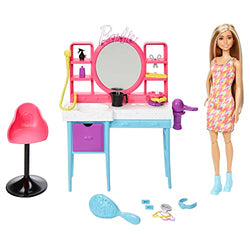 Barbie Doll and Hair Salon Playset, Long Color-Change Hair, Houndstooth-Print Dress, 15 Styling Accessories