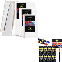 Magicfly Stretched Canvas with Display Easel 9 Pack & Acrylic Paint Set, 24 Rich Pigments Acrylic Paints for Canvas Painting (12 ml/0.4 oz)