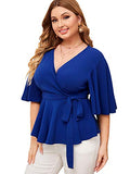 Romwe Women's Plus Size Short Sleeve Wrap V Neck Belted Ruffle Peplum Tops Blouse Blue 2X Plus