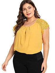 Romwe Women's Plus Size Short Sleeve Round Neck Lace Hollow Elegant Blouse Yellow 1X Plus