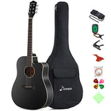 Donner DAG-1CB Black Beginner Acoustic Guitar Full Size, 41" Cutaway Guitar Bundle with Gig Bag Tuner Capo Picks Strap String