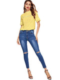 Romwe Women's Short Sleeve Stand Collar Button Embroidery Hollow Out Slim Blouse Top Yellow L