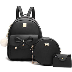 Girls Bowknot 3-Pieces Fahsion Leather Backpack Backpack Purse for Women Rucksack for Ladies Shoulder Bag Black