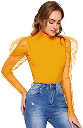 Romwe Women's Mesh Puff Sleeve High Neck Slim Fit Party Blouse Top Yellow Medium