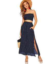 Floerns Women's 2 Piece Outfit Polka Dots Crop Top and Long Skirt Set with Pockets Navy XS