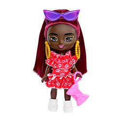 Barbie Doll, Barbie Extra Mini Minis Doll With Burgundy Hair And Sunglasses, Red Ruffle Dress, Clothes And Accessories